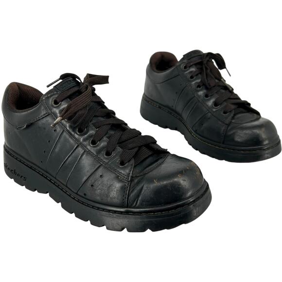VTG y2k Women's Dark Brown Leather Skechers Chunky Platform Oxford Jammers Sz 8M - Picture 1 of 8